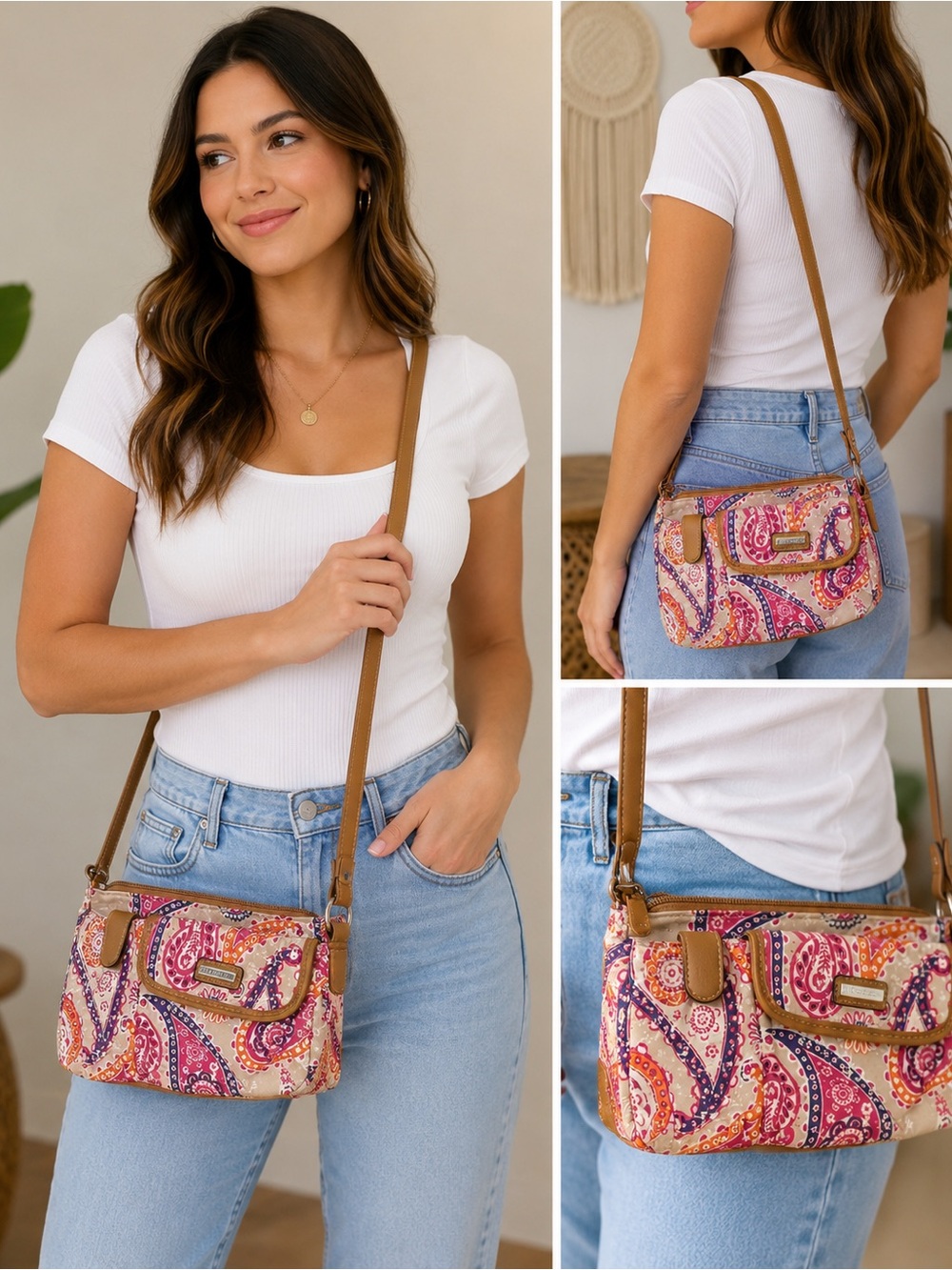 Rosetti Paisley Crossbody with Tan Trim